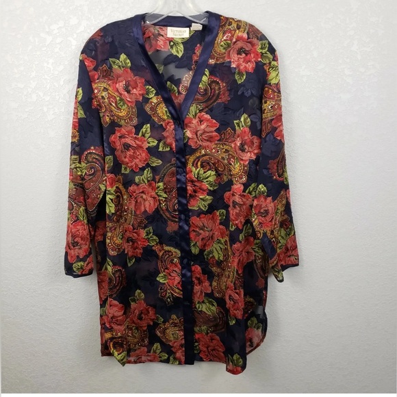 Victoria’s Secret Gold Label Flowy Style Sheer Metallic Floral Shirt Dress - Picture 1 of 8